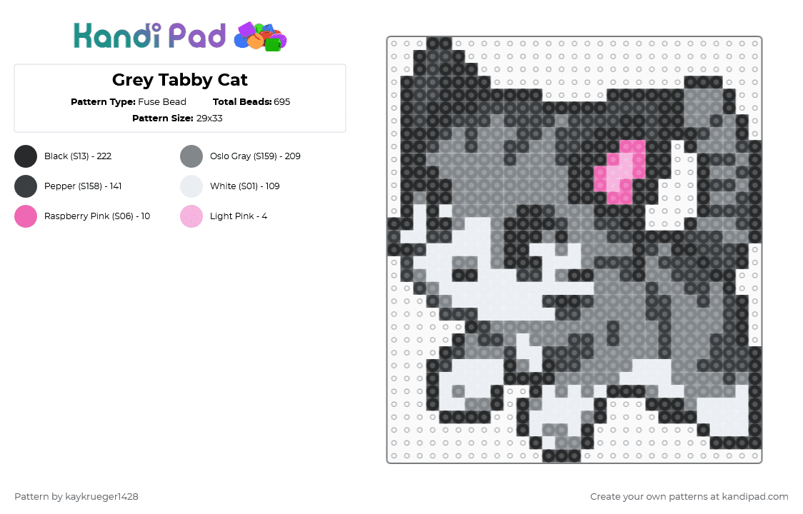 Grey Tabby Cat - Fuse Bead Pattern by kaykrueger1428 on Kandi Pad - gray,cat,kitty,kitten,grey,tabby