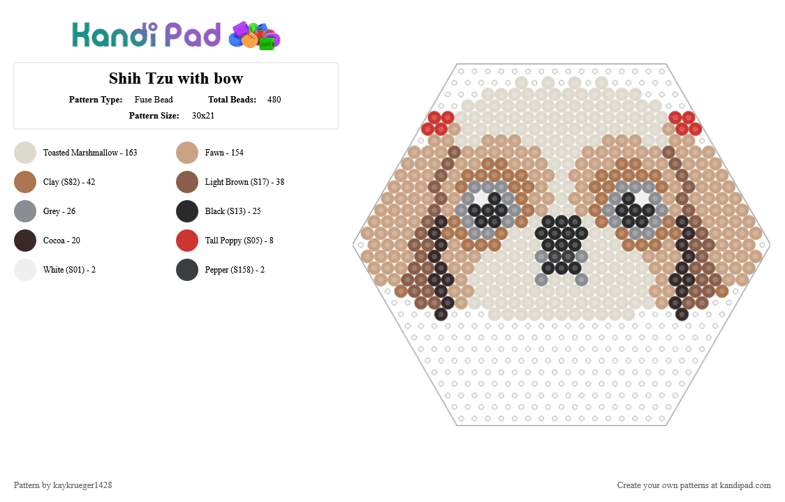 Shih Tzu with bow - Fuse Bead Pattern by kaykrueger1428 on Kandi Pad - beige,bow,shih tzu,dog,cute