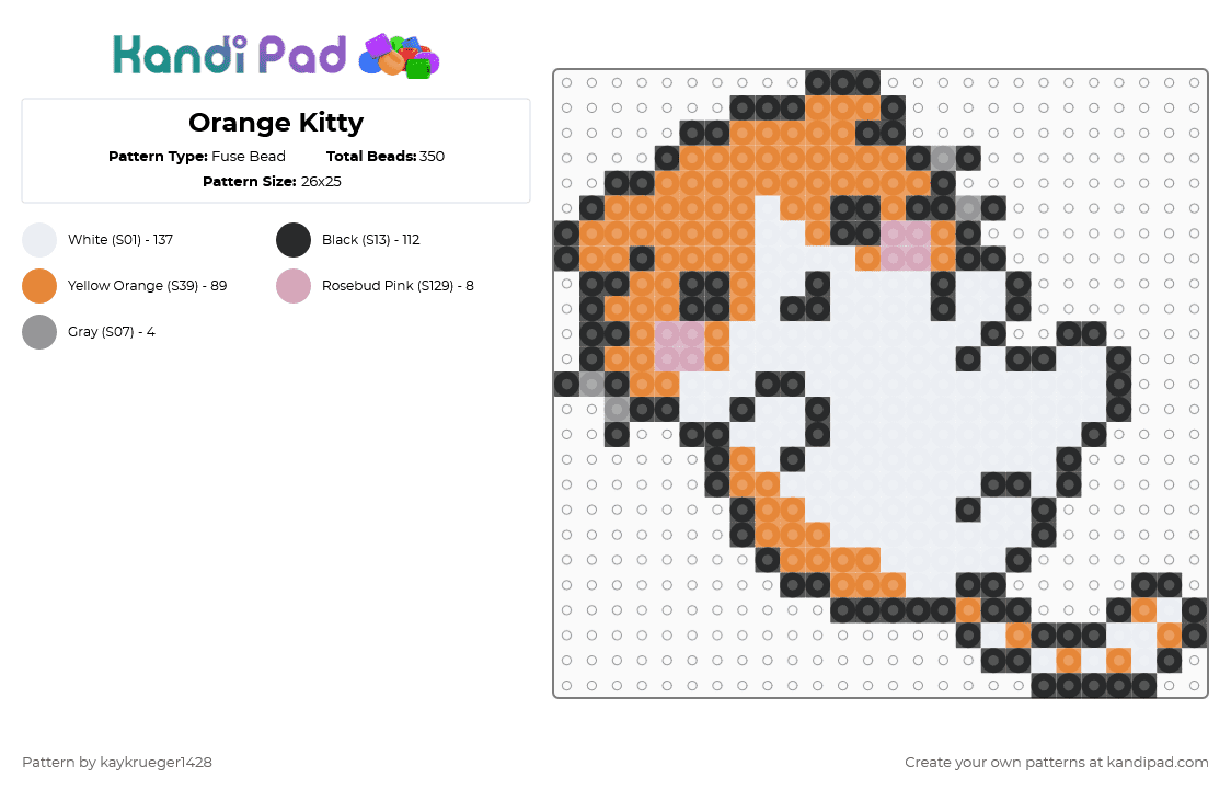 Orange Kitty - Fuse Bead Pattern by kaykrueger1428 on Kandi Pad - white,orange,cat,kitty