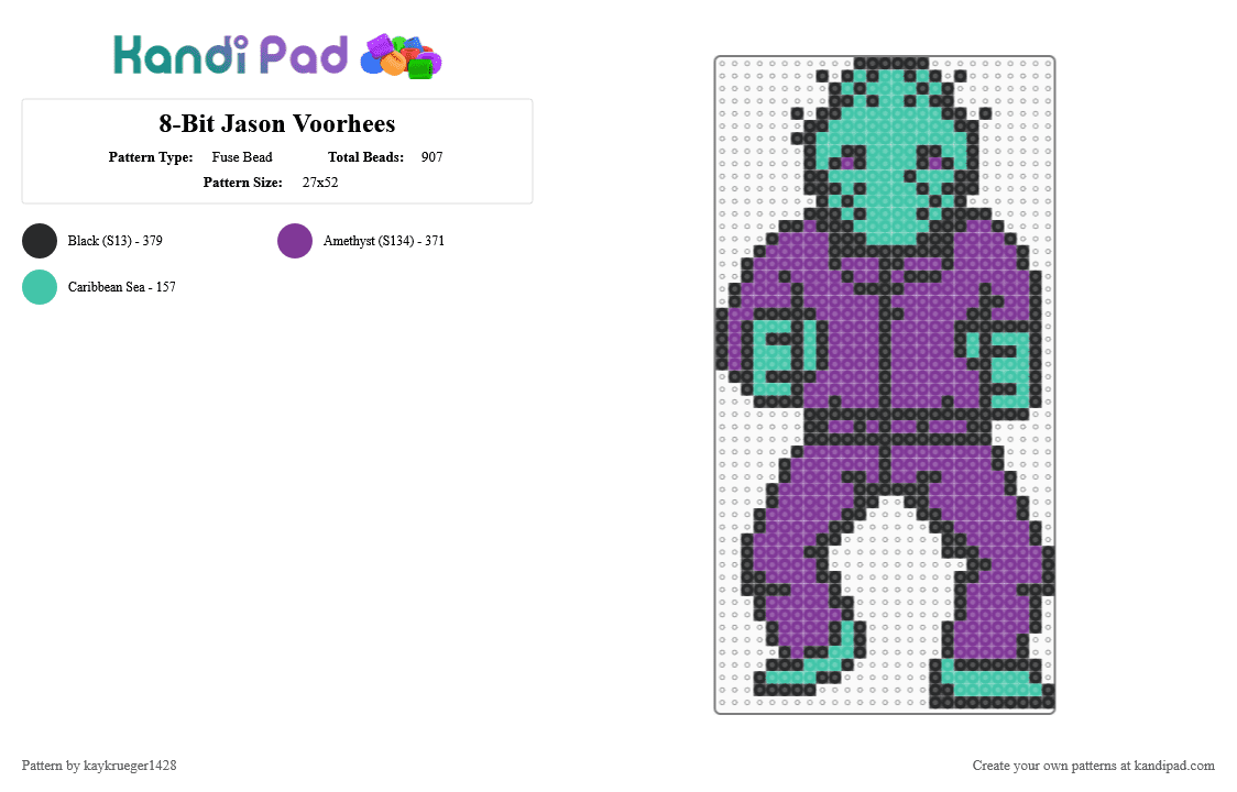 8-Bit Jason Voorhees - Fuse Bead Pattern by kaykrueger1428 on Kandi Pad - pink,teal,jason voorhees,8bit,game,fridaythethirteenth,jason