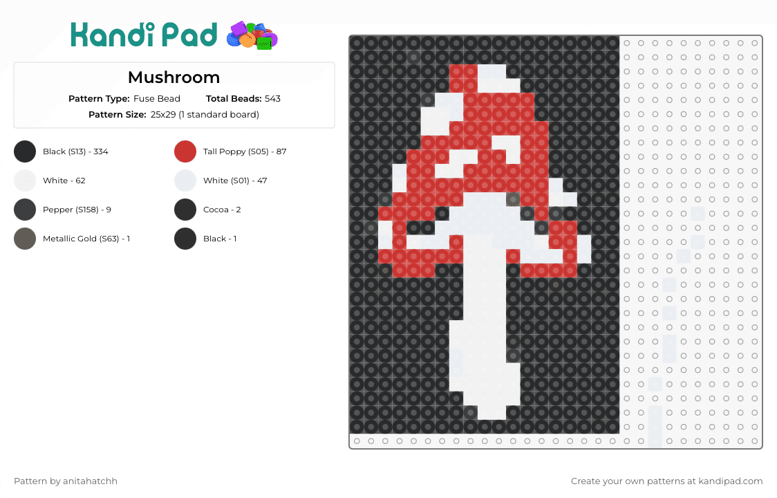 Mushroom - Fuse Bead Pattern by anitahatchh on Kandi Pad - mushroom,fungus,adventure,red,white