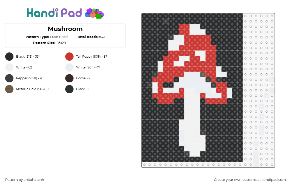 Mushroom - Fuse Bead Pattern by anitahatchh on Kandi Pad - mushroom,fungus,adventure,red,white