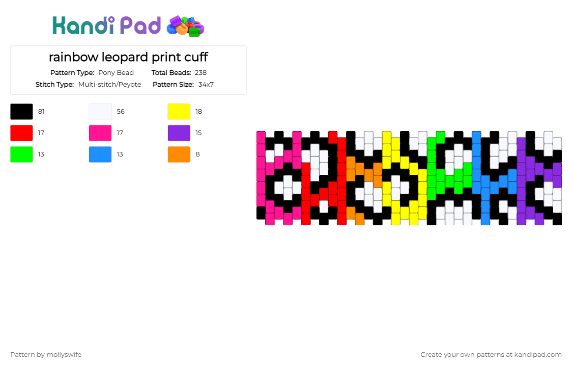 rainbow leopard print cuff - Pony Bead Pattern by mollyswife on Kandi Pad - colorful, green, pink, purple