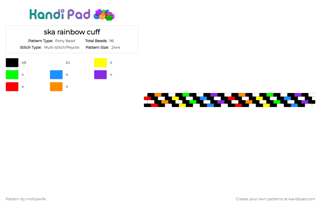 ska rainbow cuff - Pony Bead Pattern by mollyswife on Kandi Pad - black,white,green,purple,orange,colorful