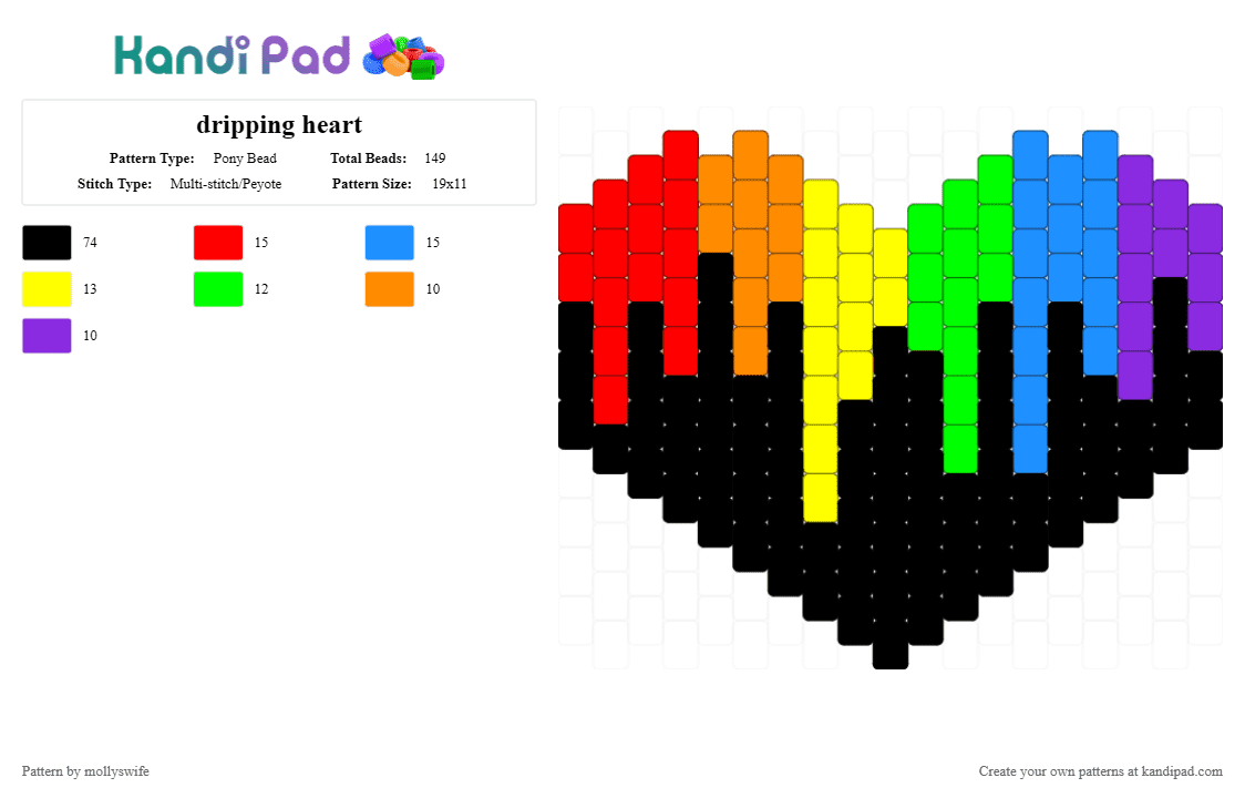 dripping heart - Pony Bead Pattern by mollyswife on Kandi Pad - black, colorful, light blue, yellow