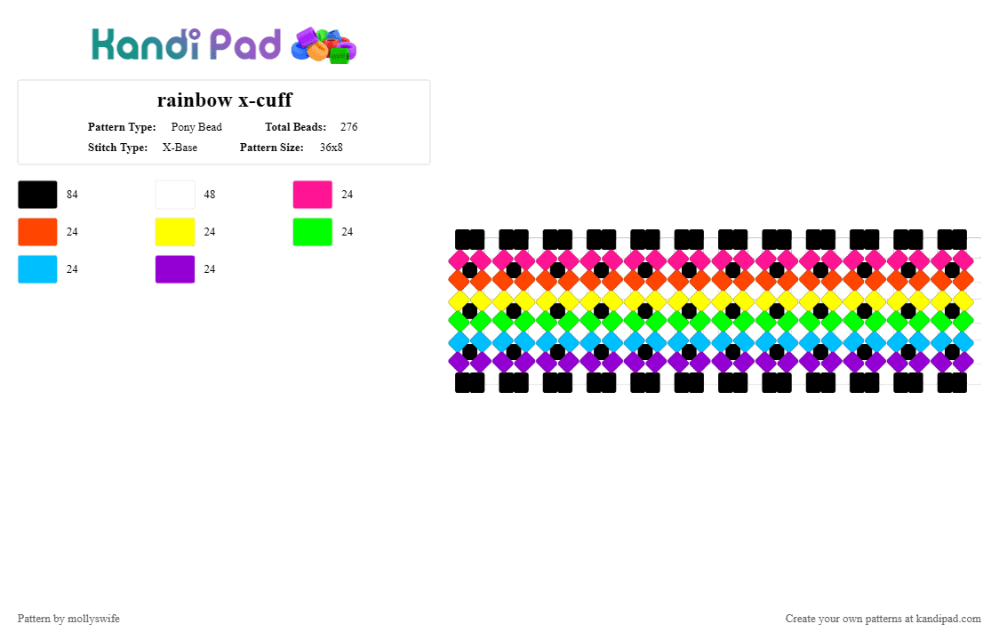 rainbow x-cuff - Pony Bead Pattern by mollyswife on Kandi Pad - red,green,purple,colorful