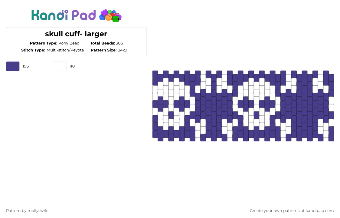 skull cuff- larger - Pony Bead Pattern by mollyswife on Kandi Pad - purple,white