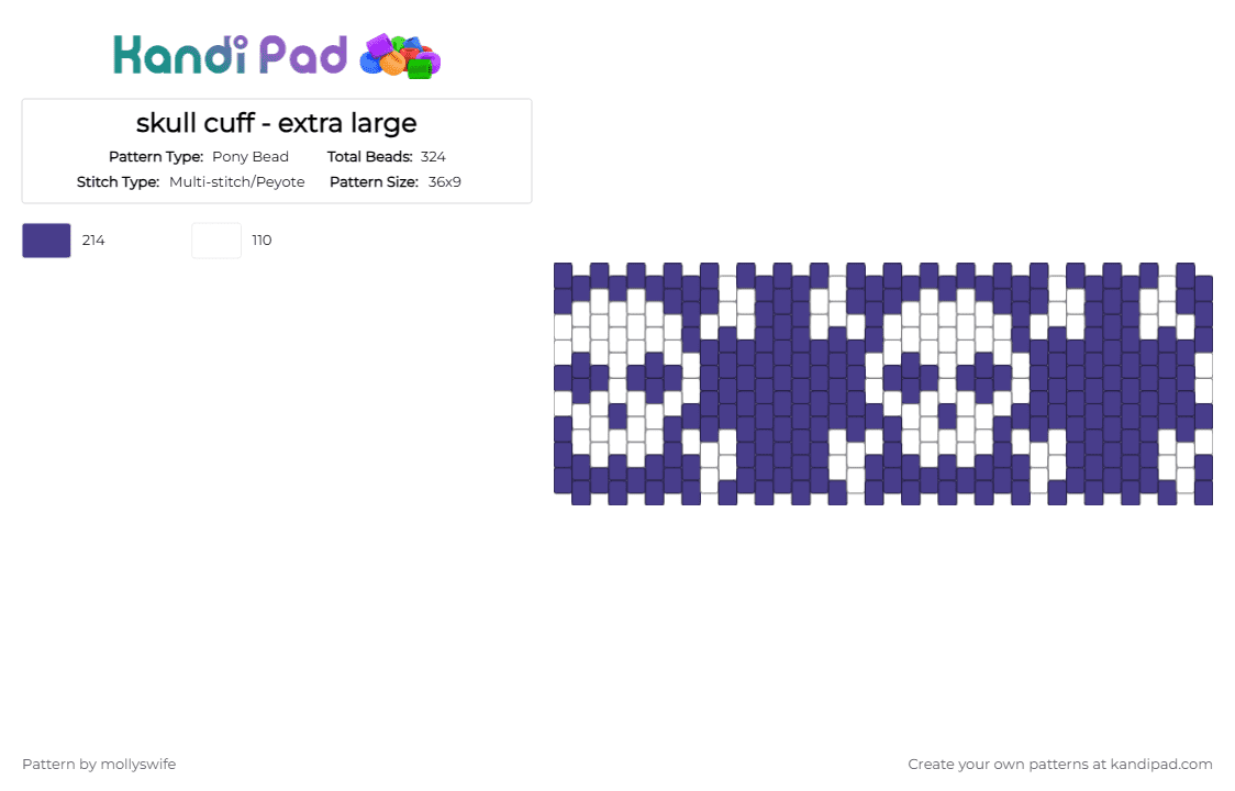 skull cuff - extra large - Pony Bead Pattern by mollyswife on Kandi Pad - purple,white