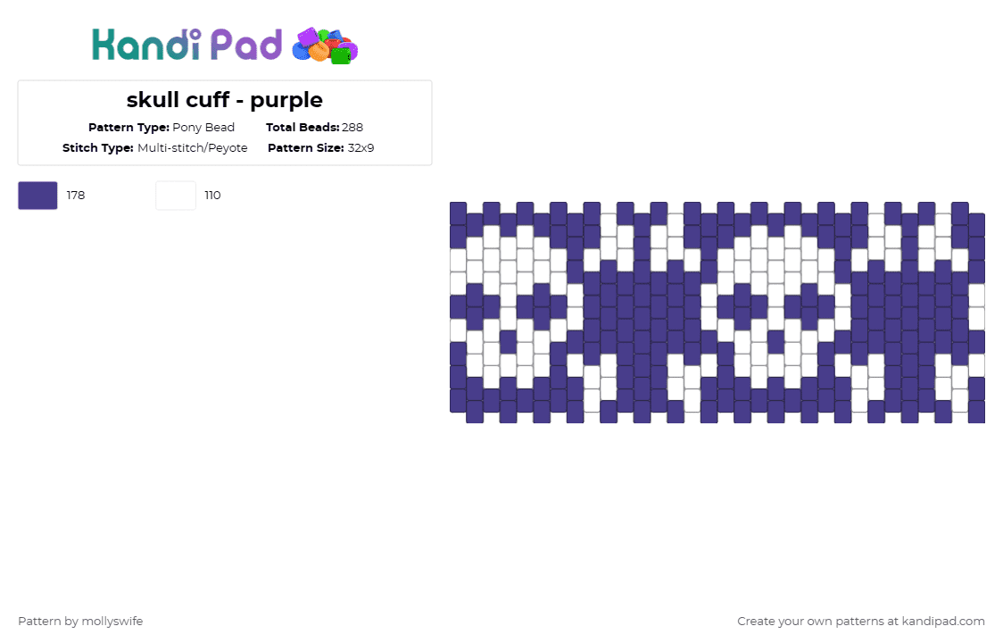 skull cuff - purple - Pony Bead Pattern by mollyswife on Kandi Pad - purple,white