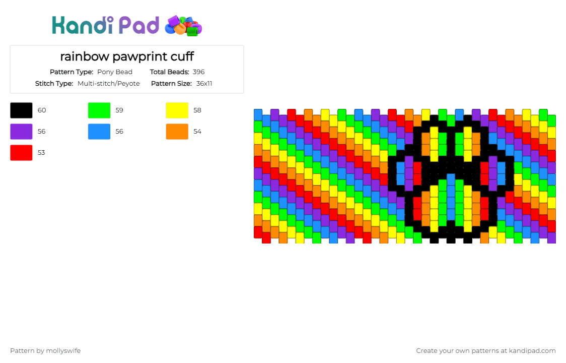 rainbow pawprint cuff - Pony Bead Pattern by mollyswife on Kandi Pad - light blue,yellow,green,colorful