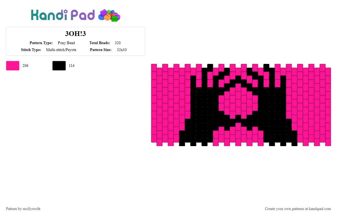 3OH!3 - Pony Bead Pattern by mollyswife on Kandi Pad - black,pink