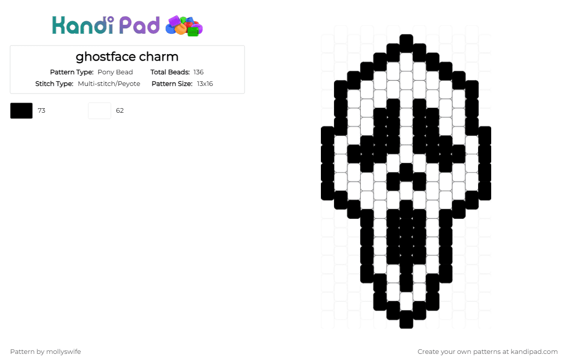 ghostface charm - Pony Bead Pattern by mollyswife on Kandi Pad - white,black