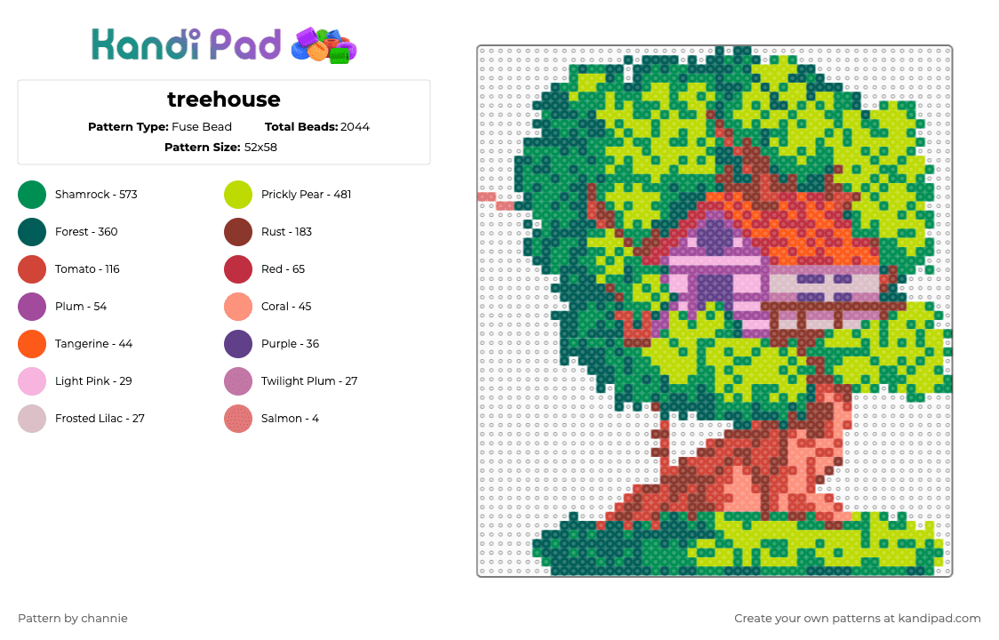 treehouse - Fuse Bead Pattern by channie on Kandi Pad - tree,house,nature,outdoors,gray,green,red