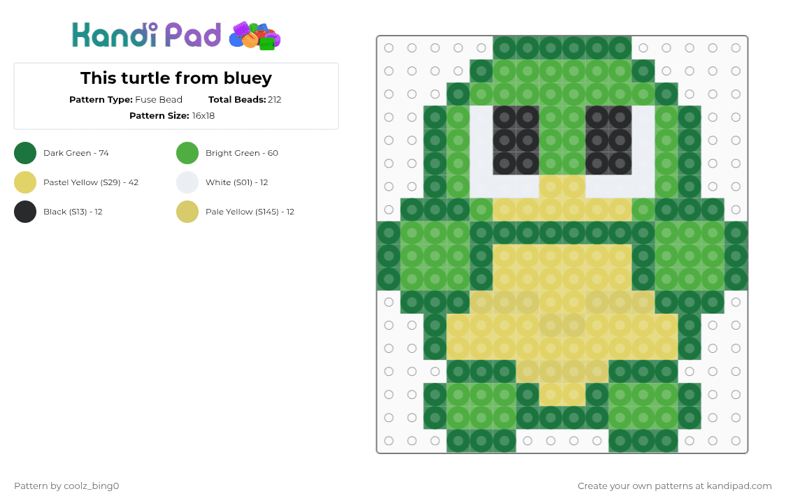 This turtle from bluey - Fuse Bead Pattern by coolz_bing0 on Kandi Pad - green,yellow