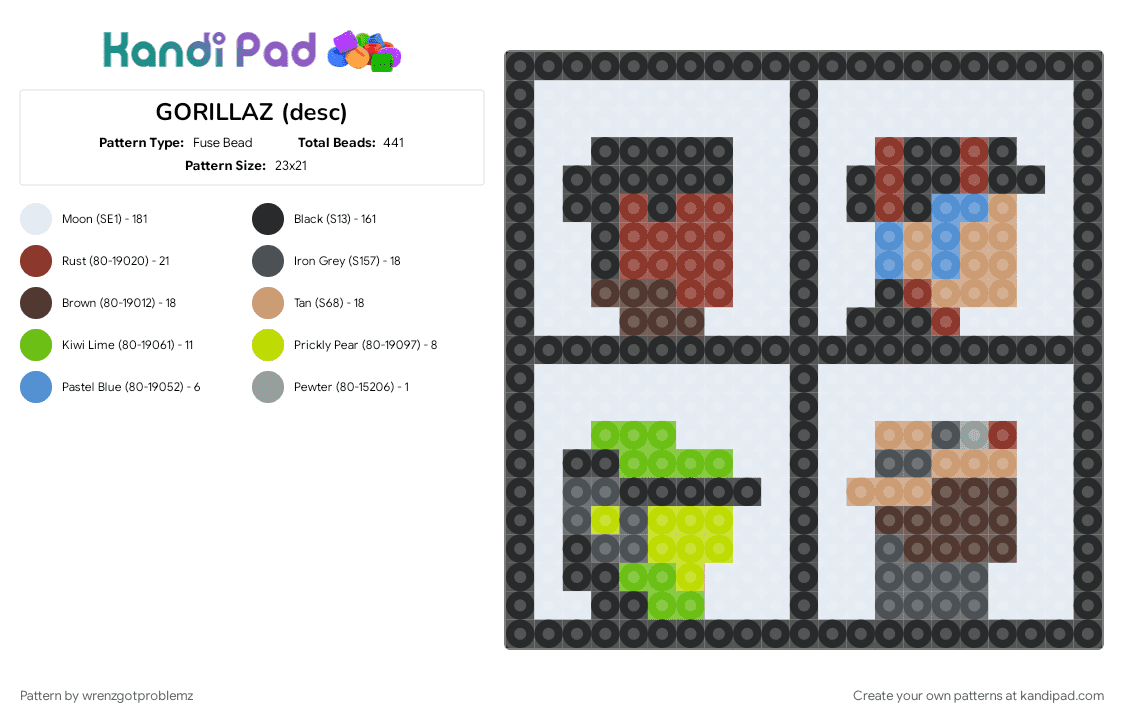 GORILLAZ (desc) - Fuse Bead Pattern by wrenzgotproblemz on Kandi Pad - beige, colorful, gorillaz, purple, white