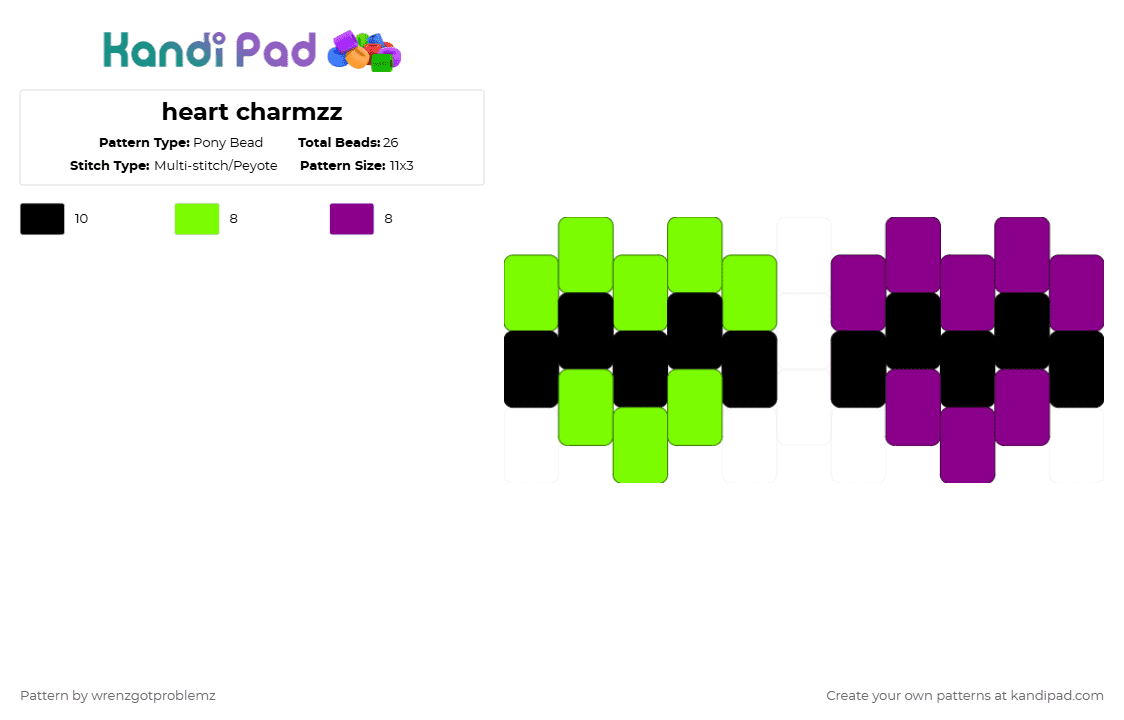 heart charmzz - Pony Bead Pattern by wrenzgotproblemz on Kandi Pad - green,pink,cotdhearts,heart,charm
