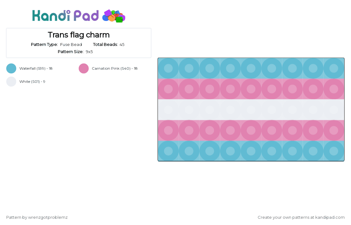 Trans flag charm - Fuse Bead Pattern by wrenzgotproblemz on Kandi Pad - light blue,pink,transgender,pride,trans,flag,charm,blue,white