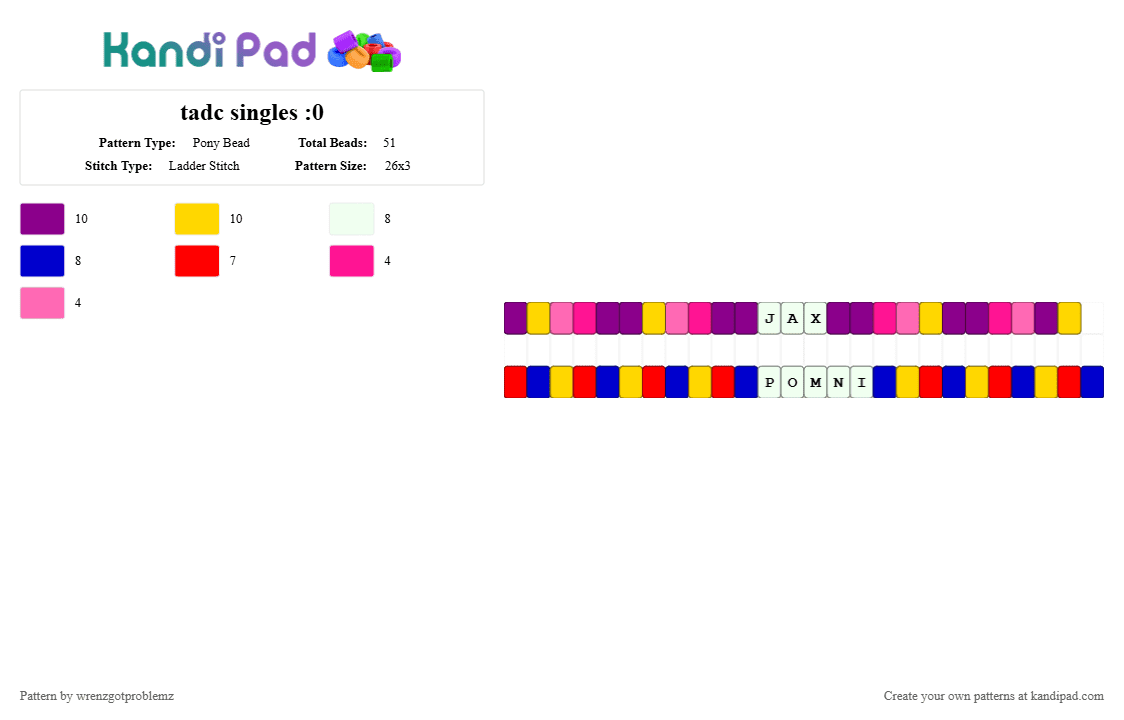 tadc singles :0 - Pony Bead Pattern by wrenzgotproblemz on Kandi Pad - pink,tadc,jax,pomni,single