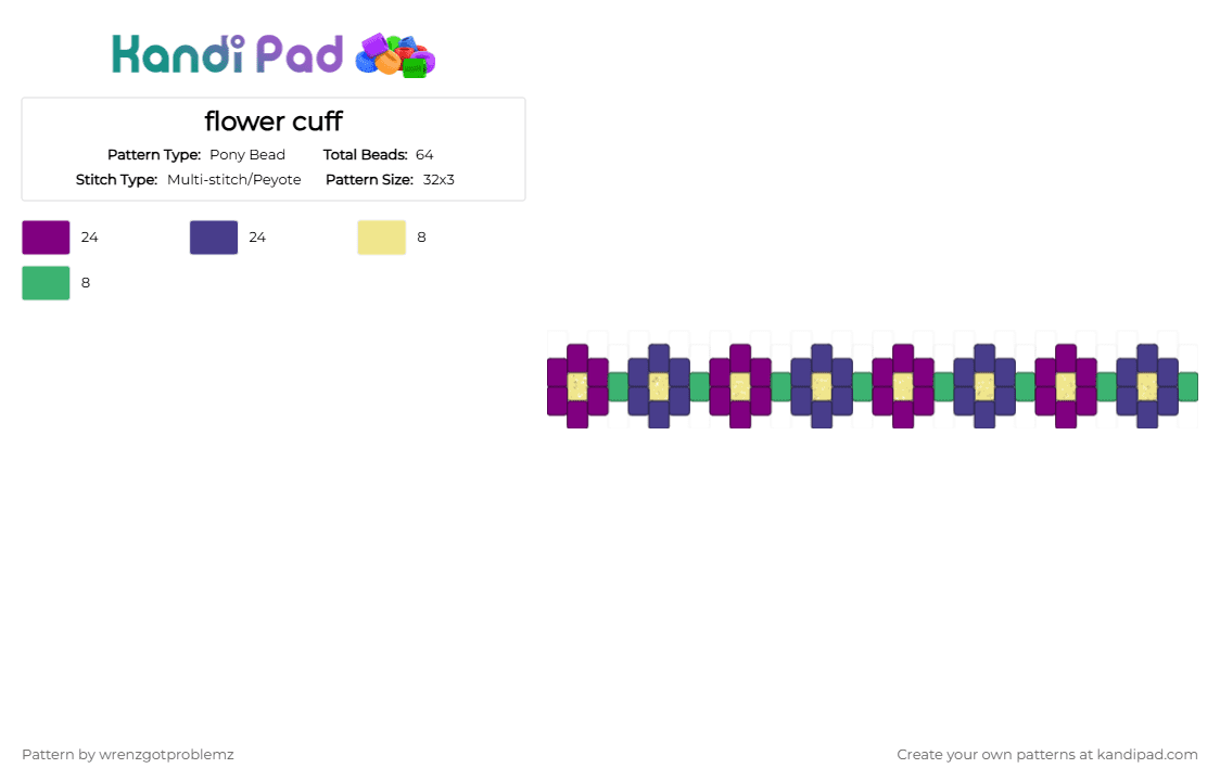 flower cuff - Pony Bead Pattern by wrenzgotproblemz on Kandi Pad - pink,purple,cotdmothersday2026,flowers,flower cuff,blue