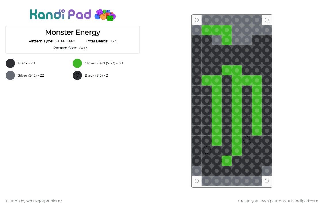 Monster Energy - Fuse Bead Pattern by wrenzgotproblemz on Kandi Pad - gray,green,monster,monster energy,black