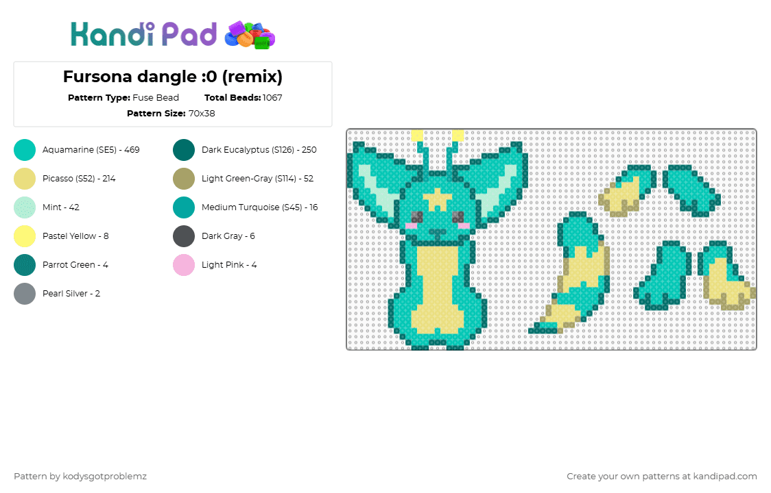 Fursona dangle :0 (remix) - Fuse Bead Pattern by wrenzgotproblemz on Kandi Pad - teal,yellow,furry,fox,alien,dangle