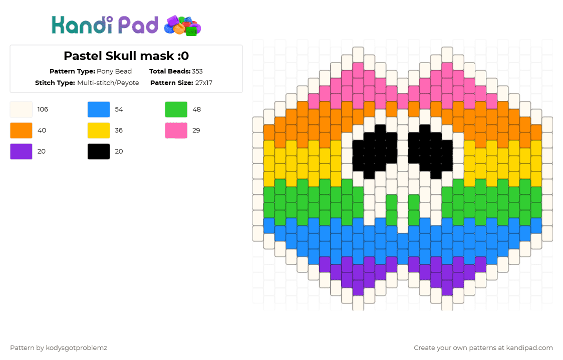 Pastel Skull mask :0 - Pony Bead Pattern by wrenzgotproblemz on Kandi Pad - green,light blue,yellow,orange,skull,pride,rainbow,mask,pastel