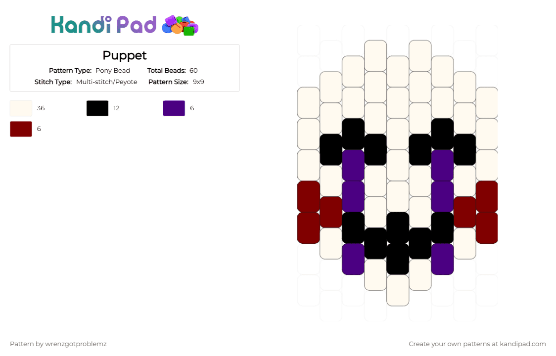 Puppet - Pony Bead Pattern by wrenzgotproblemz on Kandi Pad - white,purple,brown,fnaf,puppet,red