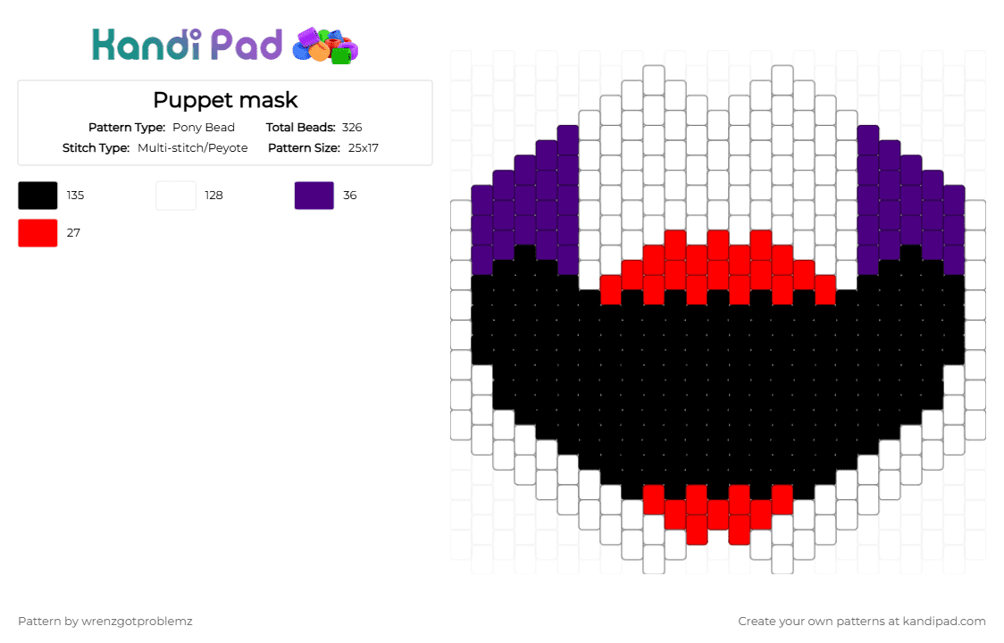 Puppet mask - Pony Bead Pattern by wrenzgotproblemz on Kandi Pad - white,purple,red,puppet,fnaf