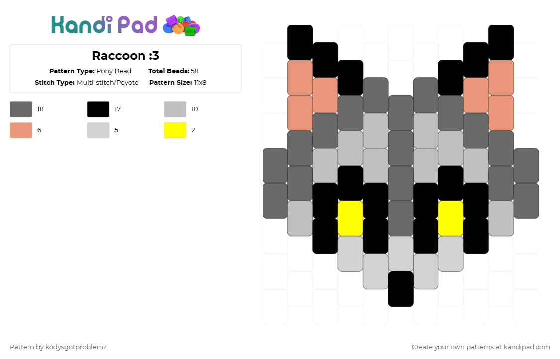 Raccoon :3 - Pony Bead Pattern by wrenzgotproblemz on Kandi Pad - gray,beige,raccoon,cotdraccoons