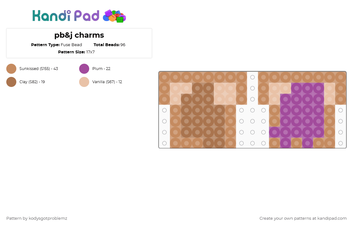 pb&j charms - Fuse Bead Pattern by wrenzgotproblemz on Kandi Pad - tan,cotdbread,penutbutter,jelly,bread