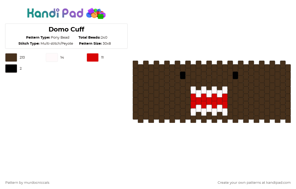Domo Cuff - Pony Bead Pattern by murdocniccals on Kandi Pad - brown,scene,domo,cuff,peyote
