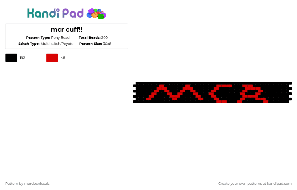 mcr cuff!! - Pony Bead Pattern by murdocniccals on Kandi Pad - black,music,mcr