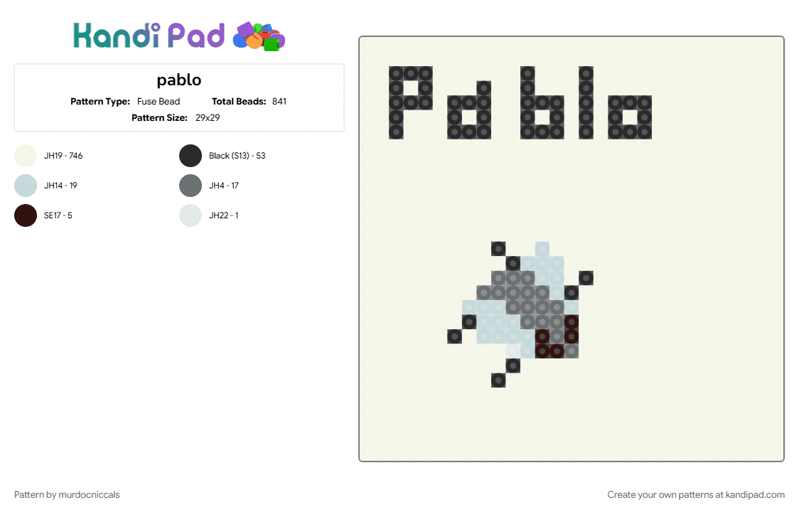 pablo - Fuse Bead Pattern by murdocniccals on Kandi Pad - gray, white