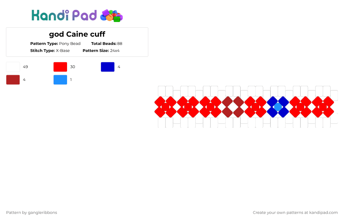 god Caine cuff - Pony Bead Pattern by gangleribbons on Kandi Pad - red, white
