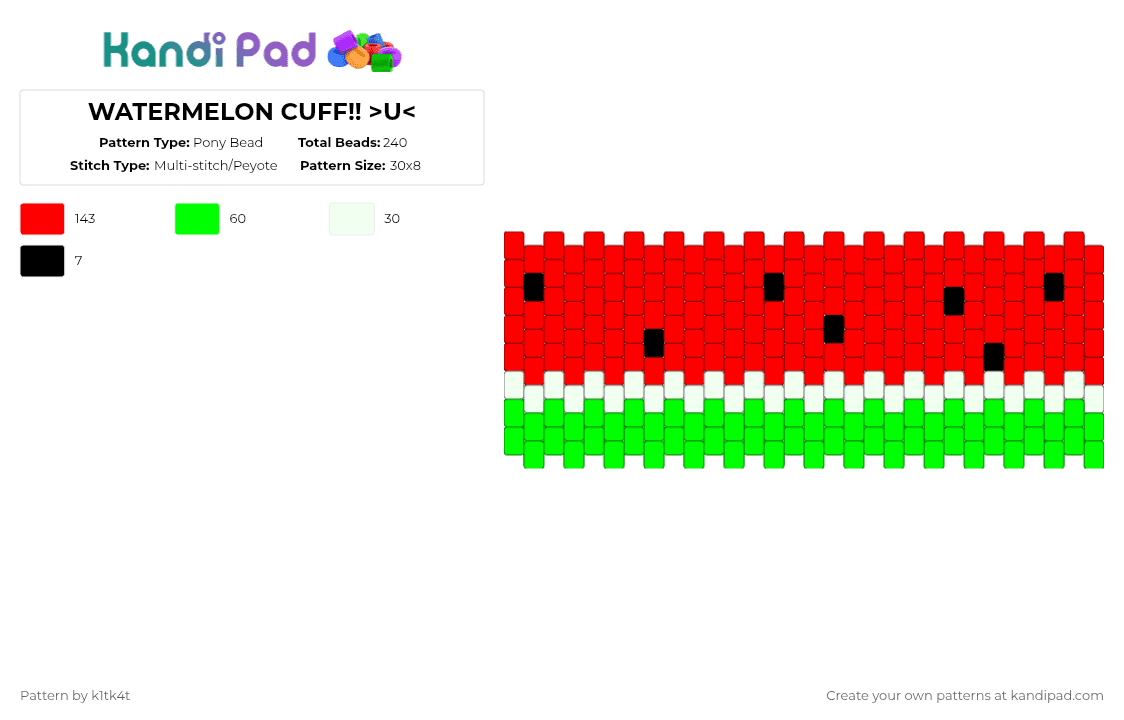 WATERMELON CUFF!! >U - Pony Bead Pattern by k1tk4t on Kandi Pad - red,green