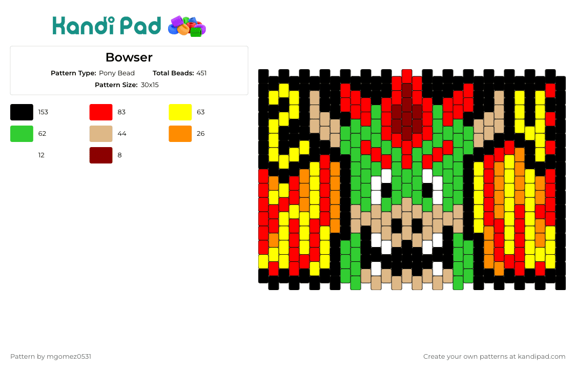Bowser - Pony Bead Pattern by mgomez0531 on Kandi Pad - bowser,nintendo,mario,fiery,antagonist,video game,gaming,king koopa,villain,green,orange