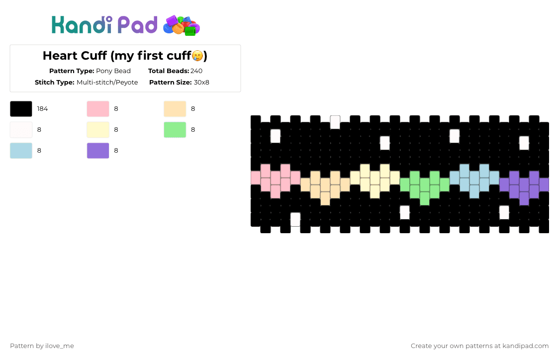 Heart Cuff (my first cuff🥲) - Pony Bead Pattern by ilove_me on Kandi Pad - black,beige,teal,purple,colorful