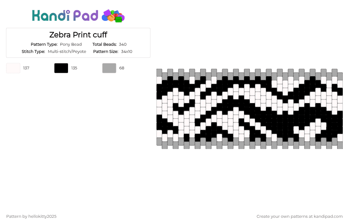 Zebra Print cuff - Pony Bead Pattern by hellokitty2025 on Kandi Pad - white,beige