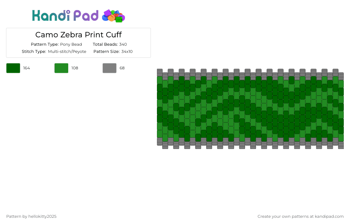 Camo Zebra Print Cuff - Pony Bead Pattern by hellokitty2025 on Kandi Pad - green