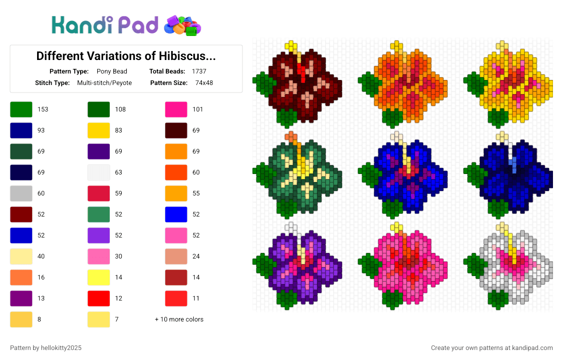 Different Variations of Hibiscus Flowers - Pony Bead Pattern by hellokitty2025 on Kandi Pad - green,yellow,purple,colorful