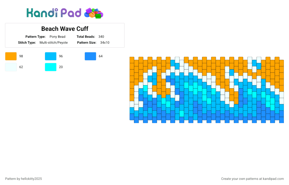 Beach Wave Cuff - Pony Bead Pattern by hellokitty2025 on Kandi Pad - light blue,orange
