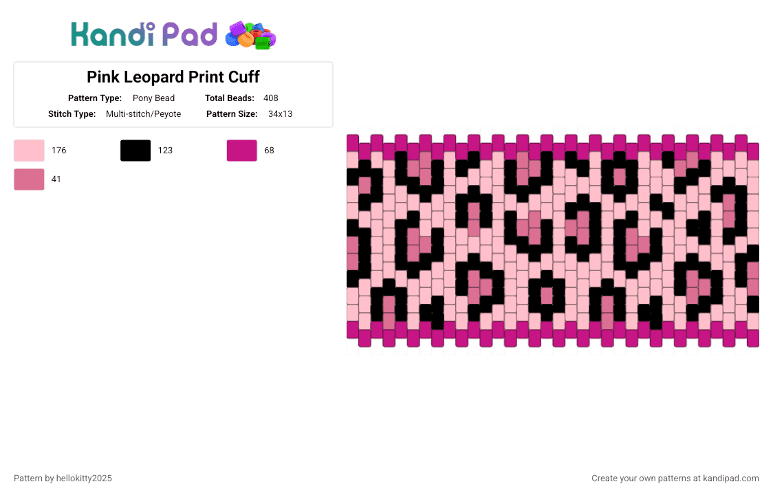 Pink Leopard Print Cuff - Pony Bead Pattern by hellokitty2025 on Kandi Pad - black,pink