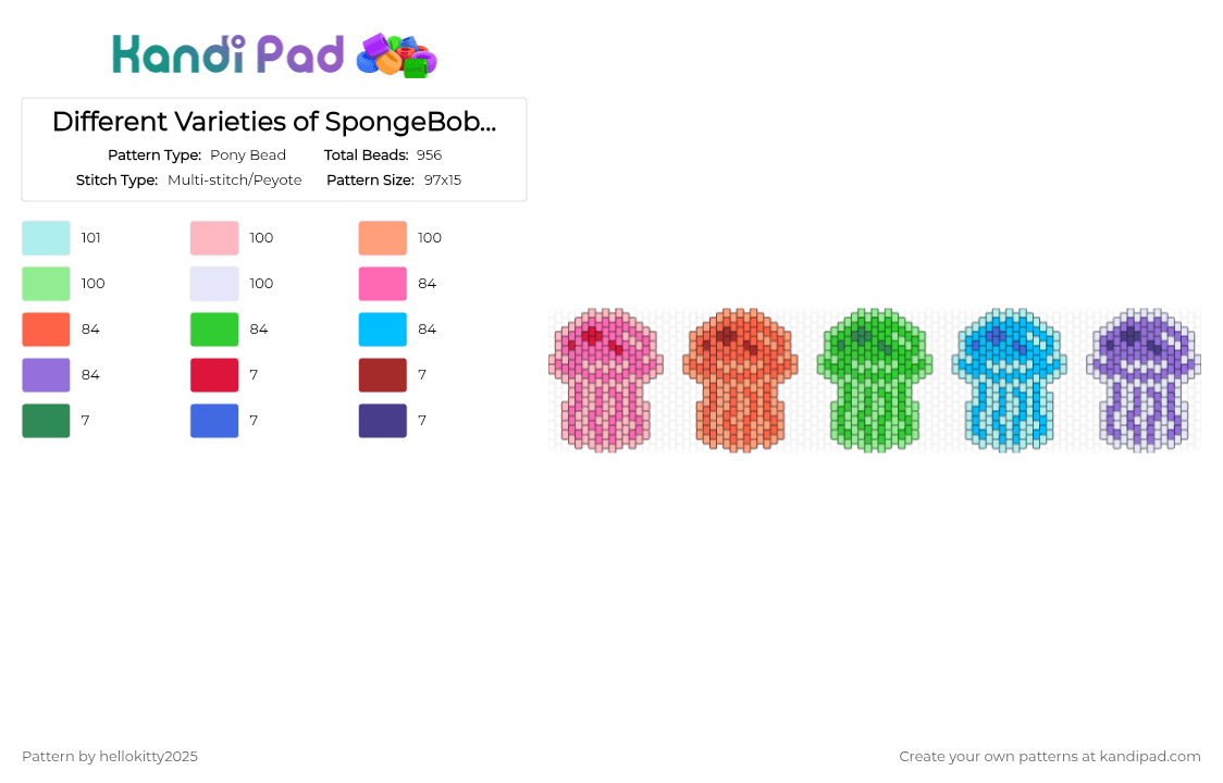 Different Varieties of SpongeBob Jellyfish - Pony Bead Pattern by hellokitty2025 on Kandi Pad - pink,orange,light blue,colorful