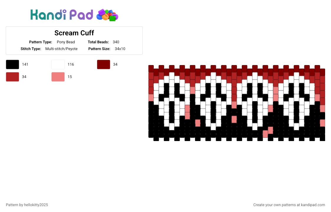 Scream Cuff - Pony Bead Pattern by hellokitty2025 on Kandi Pad - ghostface,scream,mask,blood,horror,movie,halloween,spooky,brown,red