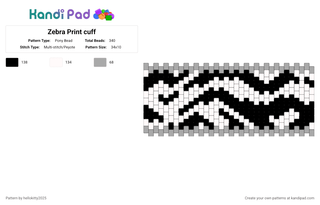Zebra Print cuff - Pony Bead Pattern by hellokitty2025 on Kandi Pad - beige, white