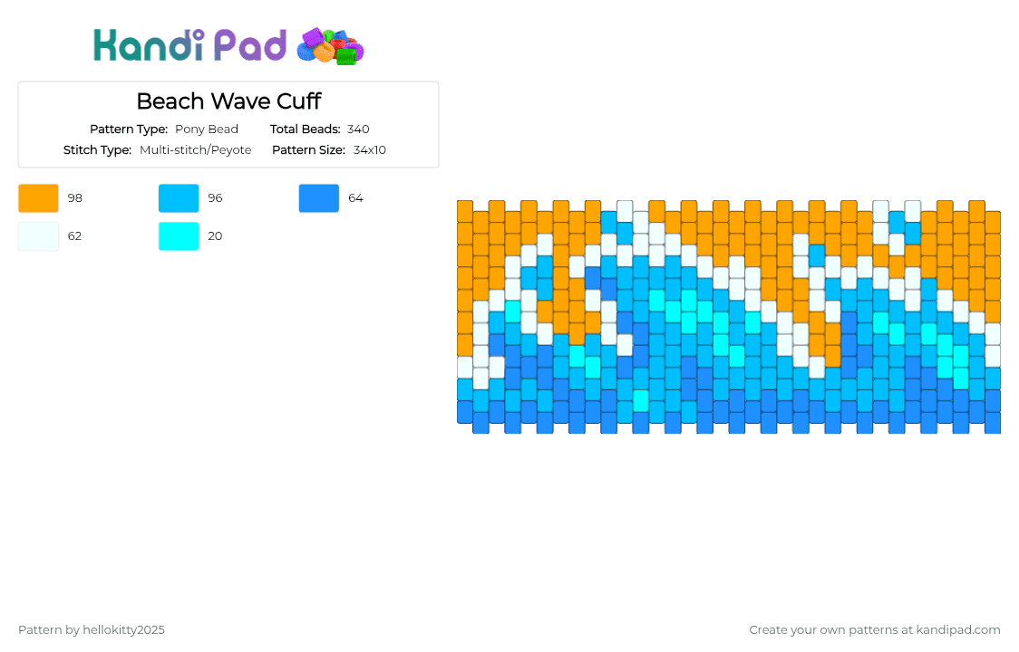 Beach Wave Cuff - Pony Bead Pattern by hellokitty2025 on Kandi Pad - light blue,orange
