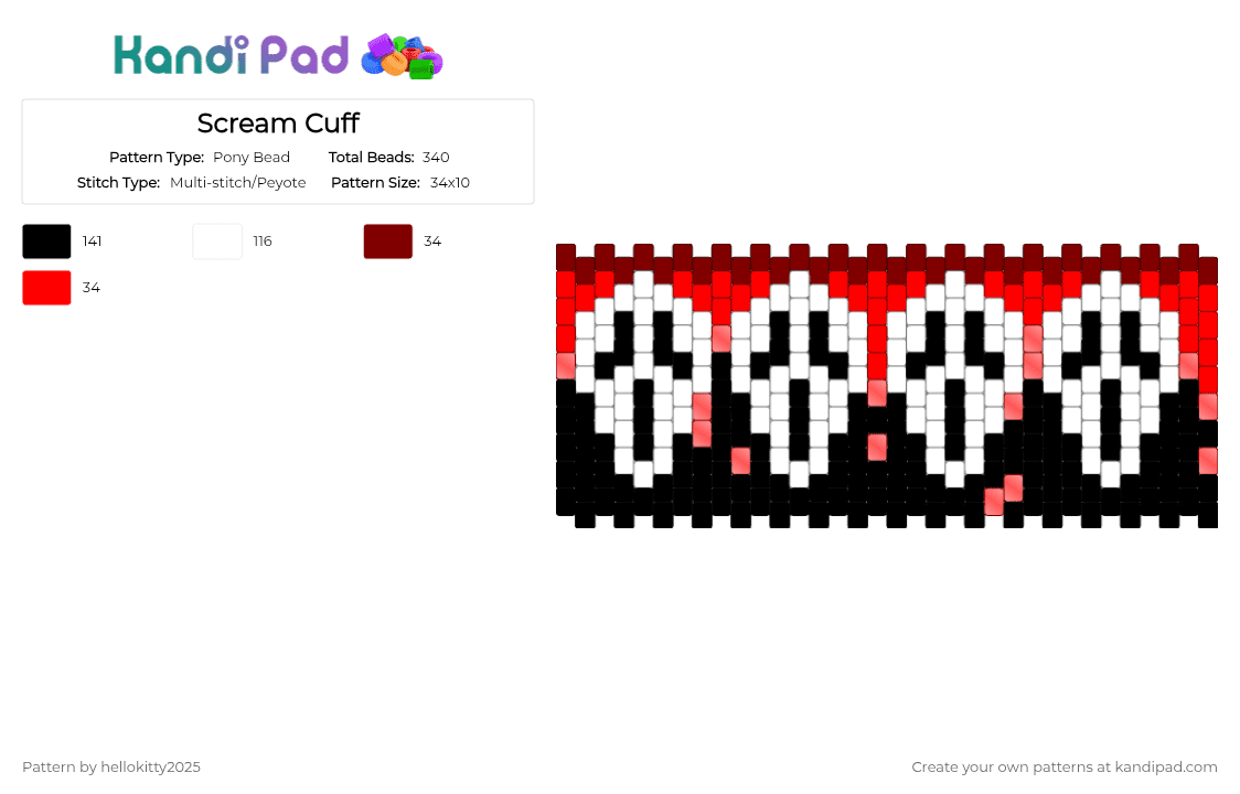 Scream Cuff - Pony Bead Pattern by hellokitty2025 on Kandi Pad - ghostface,scream,mask,blood,horror,movie,halloween,spooky,brown,red