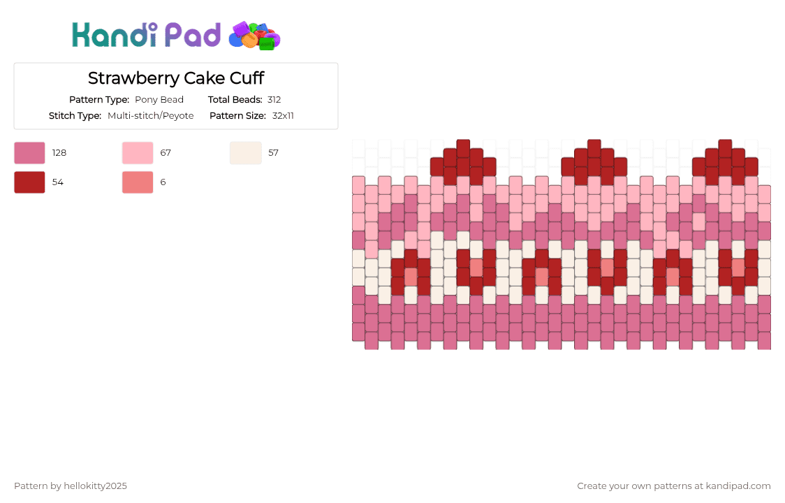 Strawberry Cake Cuff - Pony Bead Pattern by hellokitty2025 on Kandi Pad - pink