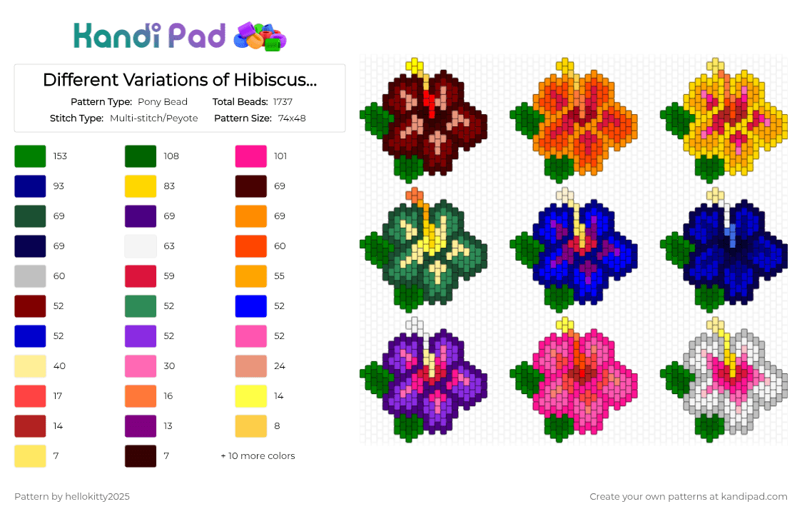 Different Variations of Hibiscus Flowers - Pony Bead Pattern by hellokitty2025 on Kandi Pad - green,yellow,purple,colorful