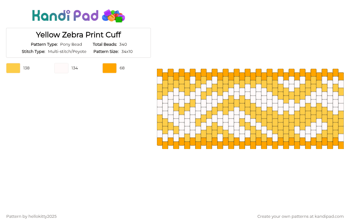 Yellow Zebra Print Cuff - Pony Bead Pattern by hellokitty2025 on Kandi Pad - yellow,orange